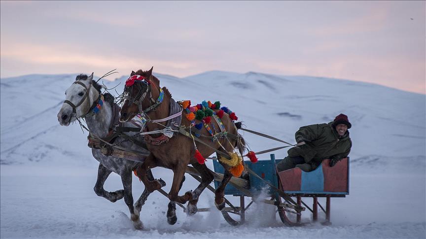 Locals ride cart over frozen lake in Turkey
