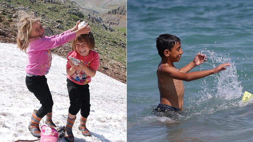 Antalya'da bir yanda deniz diğer yanda kar keyfi