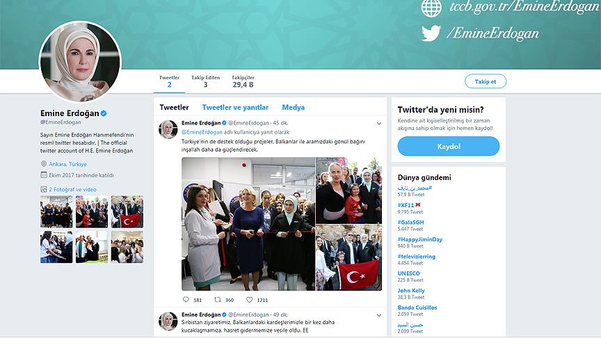 Emine Erdoğan'ın Twitter hesabından ilk paylaşımı 