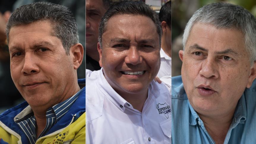 Los candidatos a la presidencia de Venezuela que competirán con la actual presidente, Nicolás Maduro: Henri Falcón, del partido Avanzada Progresista (izquierda); Javier Bertucci, del partido Esperanza por el cambio (centro); y Reinaldo Quijada, candidato del partido Unidad Política Popular 89 (derecha).