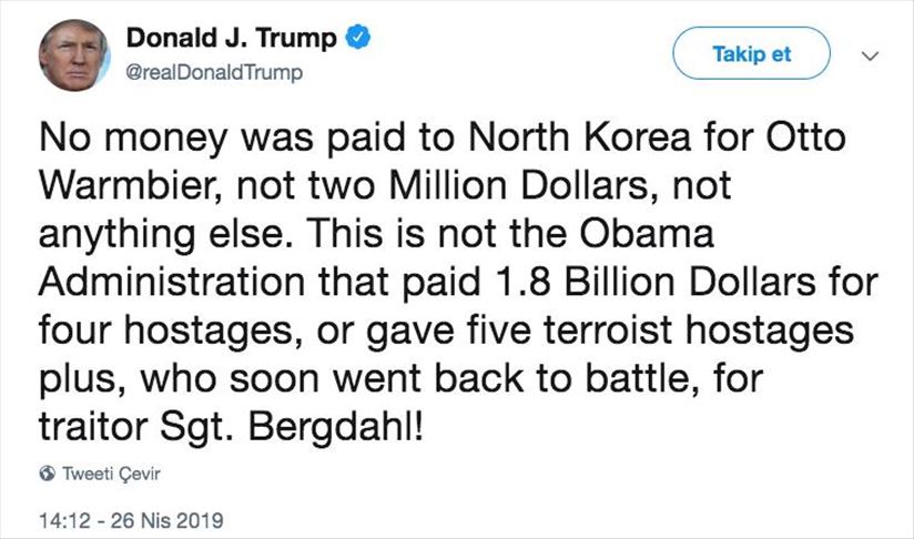 Trump Denies Money Paid To NKorea For Warmbier Release