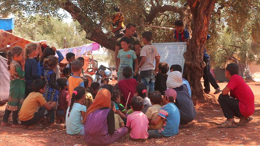 İdlib'de savaş mağduru çocuklara zeytin ağacı altında eğitim