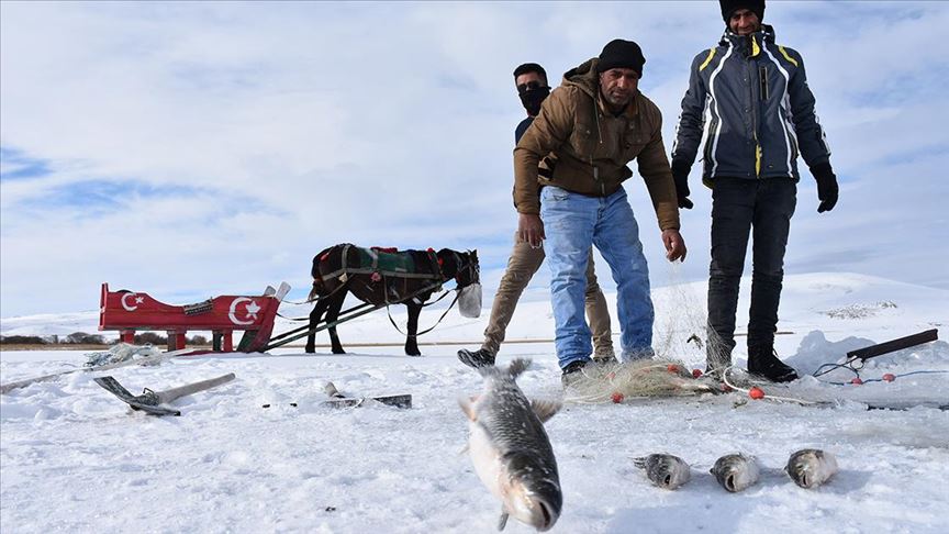 Atlı kızaklarla ulaştıkları gölde buzu kırıp balık avlıyorlar