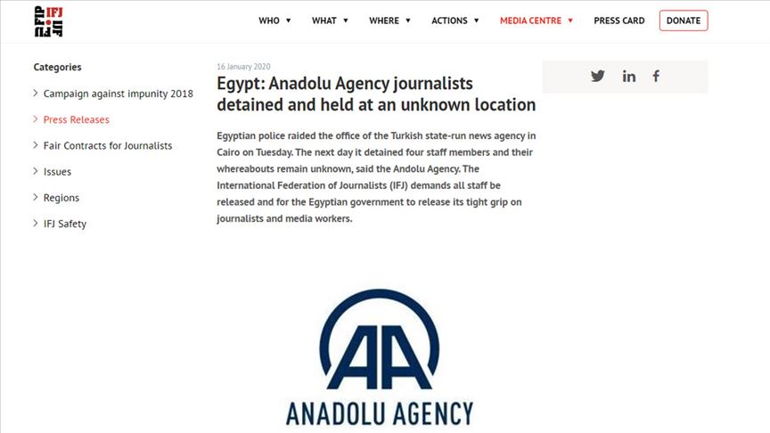 Uluslararası Gazeteciler Federasyonu: Mısır'a tutuklu basın mensuplarını serbest bırakmaları çağrısında bulunuyoruz