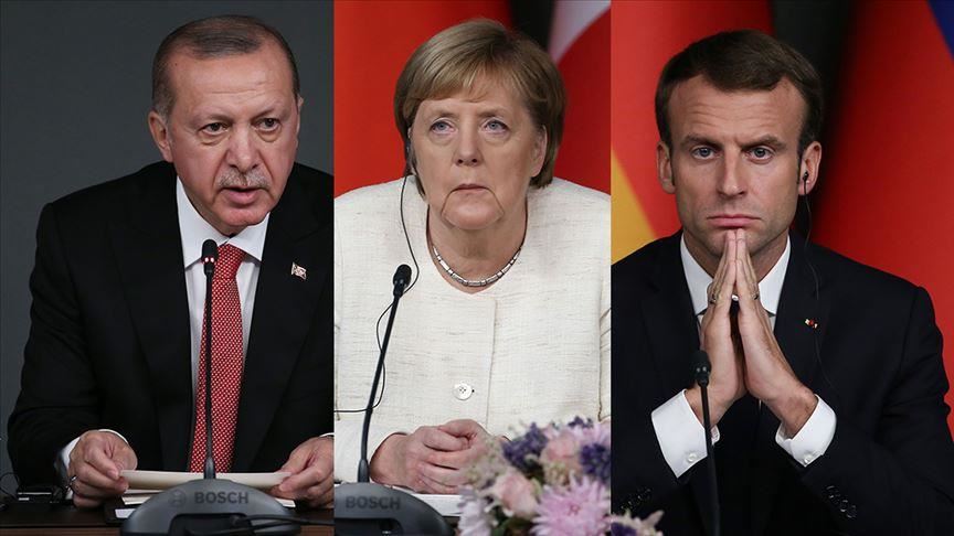 أردوغان يؤكد لماكرون وميركل ضرورة إيقاف عدوان النظام السوري بإدلب