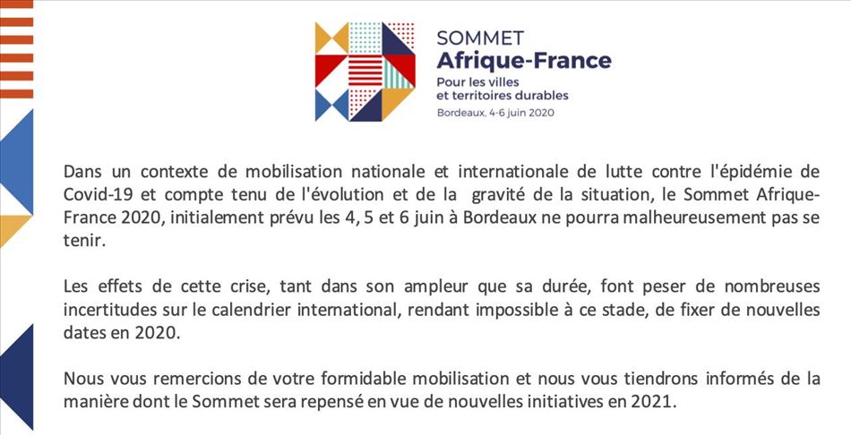 Covid-19 : le sommet Afrique-France 2020 annulé