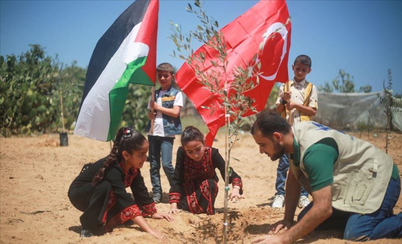 أطفال غزة يغرسون أشتال الزيتون لشهداء محاولة الانقلاب بتركيا 