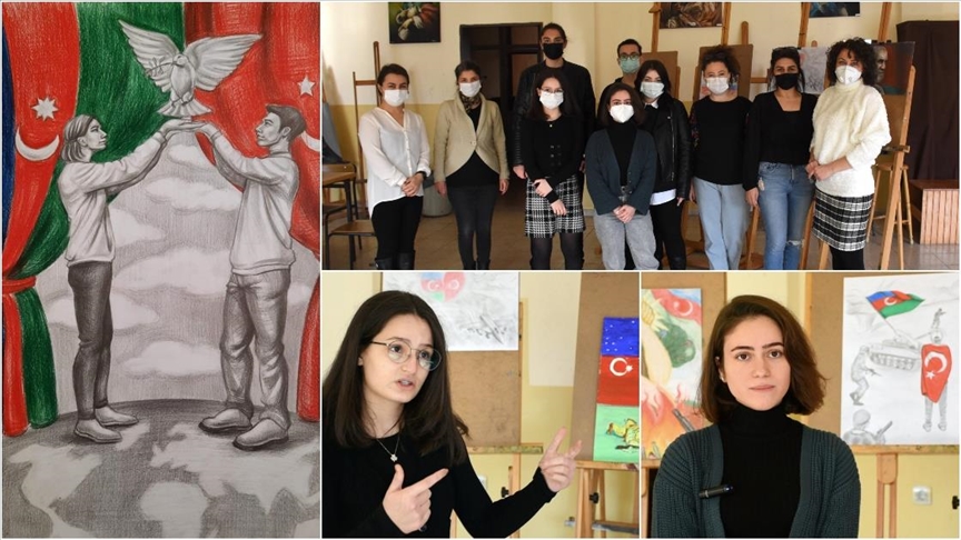 Güzel sanatlar öğrencilerinin fırçalarından ’Türkiye-Azerbaycan kardeşliği ve Karabağ Zaferi’