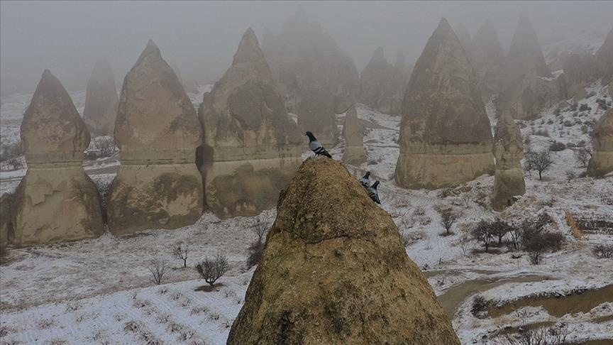 Snow blankets lure tourists in Cappadocia, Turkey