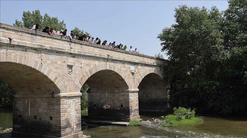 Flowers left in Tunca River in memory of Roma killed at Auschwitz camp
