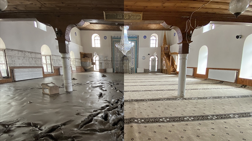 Bozkurt'ta selin vurduğu 113 yıllık cami balçıktan temizlendi