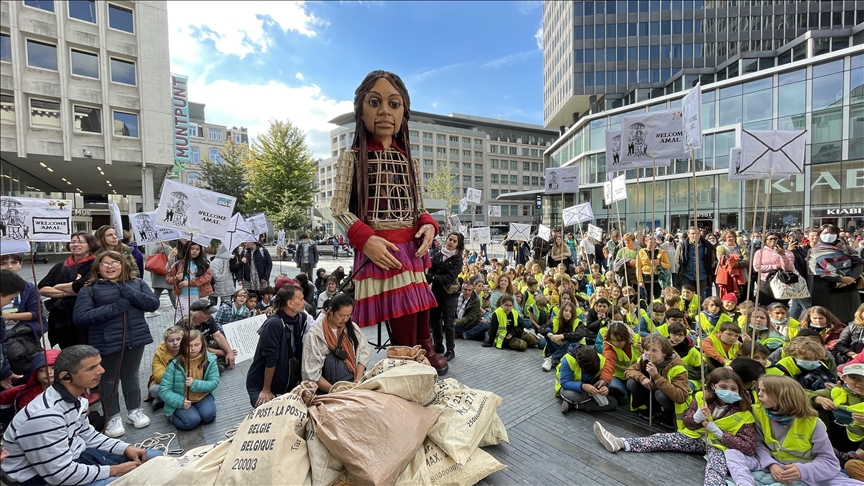 Little Amal, symbol of child refugees, reaches Brussels