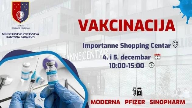 BiH: Za vikend vakcinacija u Importanne Shopping Centru u Sarajevu