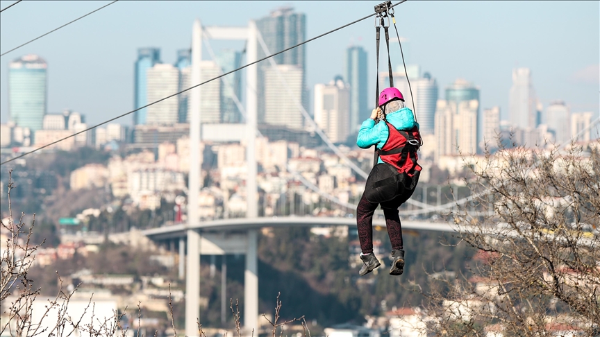 Istanbul zipliners take in dazzling sky-high view of Istanbul Strait