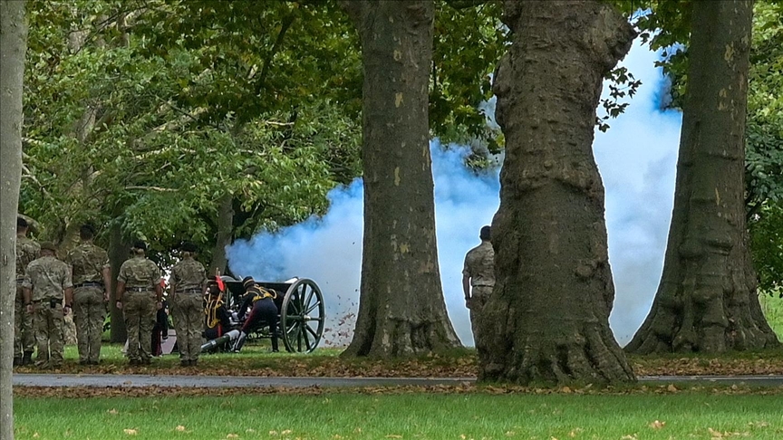 British military fire gun salutes in honor of Queen Elizabeth II