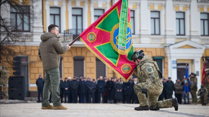 ‘We are all proud of you’: Ukrainian president addresses soldiers in capital Kyiv