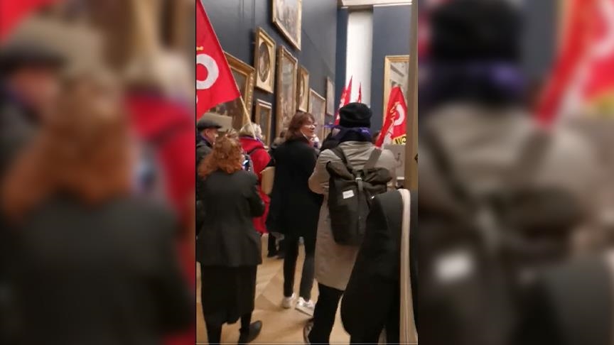French CGT union protests in Louvre Museum against government's pension reform plan
