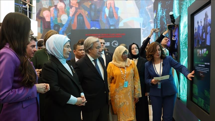 Turkish first lady, UN chief visit Türkiye earthquake memorial wall at UN