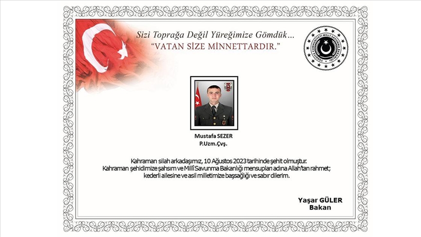 Pençe-Kilit Operasyonu bölgesinde Piyade Uzman Çavuş Mustafa Sezer şehit oldu