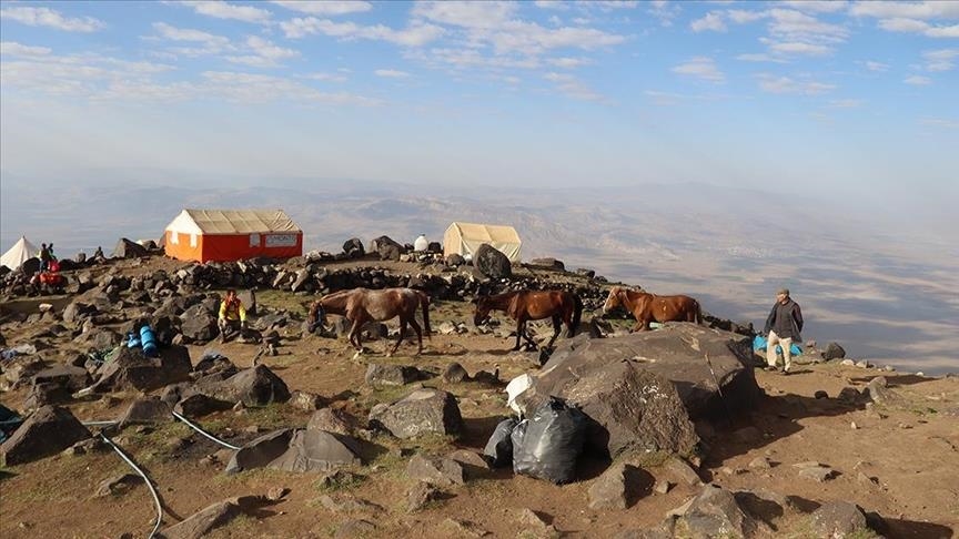 Barê çiyagerên ku hildikişin Çiyayê Agiriyê hesp û qantir dikşînin