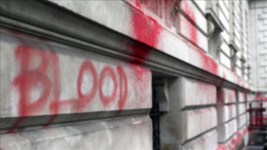 UK Foreign Office building sprayed with blood-red paint to protest Balfour Declaration