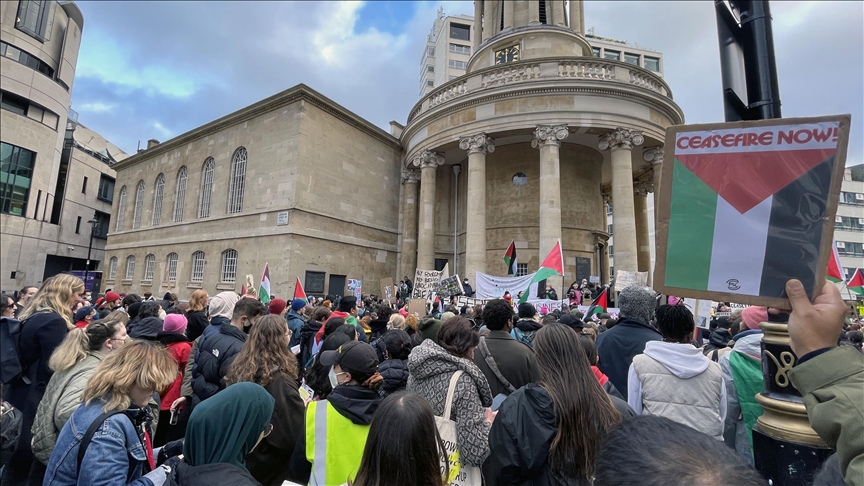 Protesters outside BBC headquarters in London call for 'cease-fire now' in Gaza