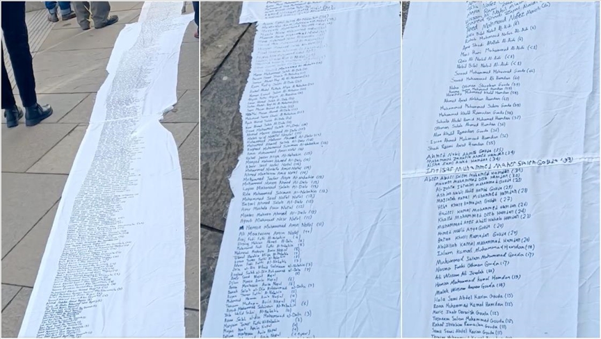Gazze'de öldürülenlerin isimleri, İskoç Parlamentosu önünde açılan beyaz çarşafa yazıldı