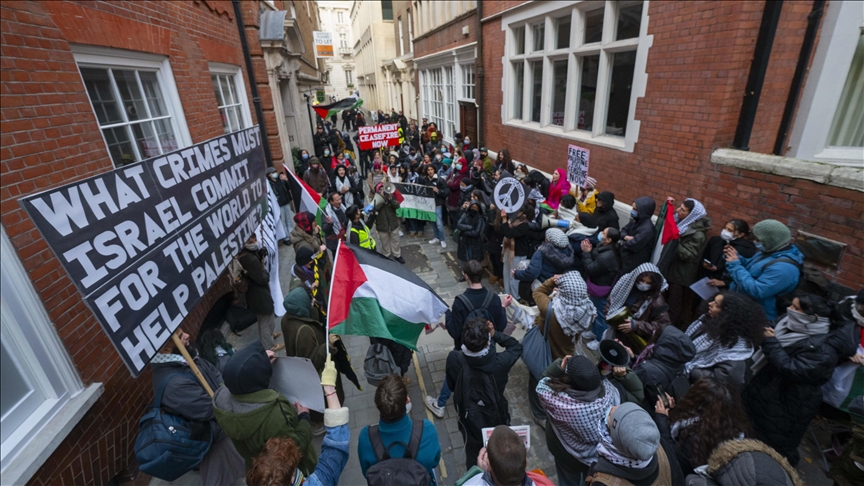 Crowd protest UK property consultancy company for providing sites to Israeli weapon factory