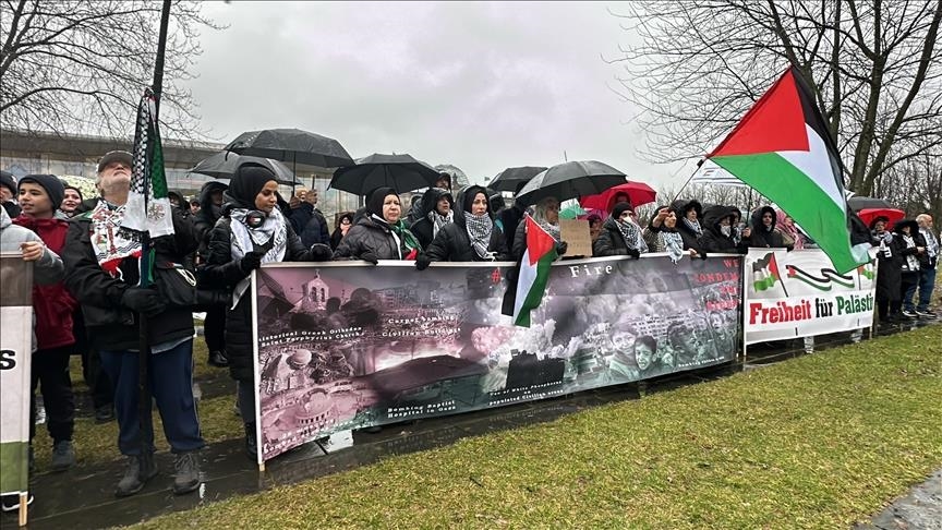 Pro-Palestine protesters stage rally in Berlin under heavy rain