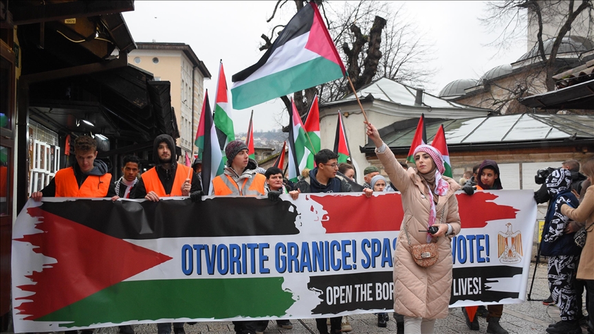 Hundreds of people gather in Bosnia's capital to show support for Palestine