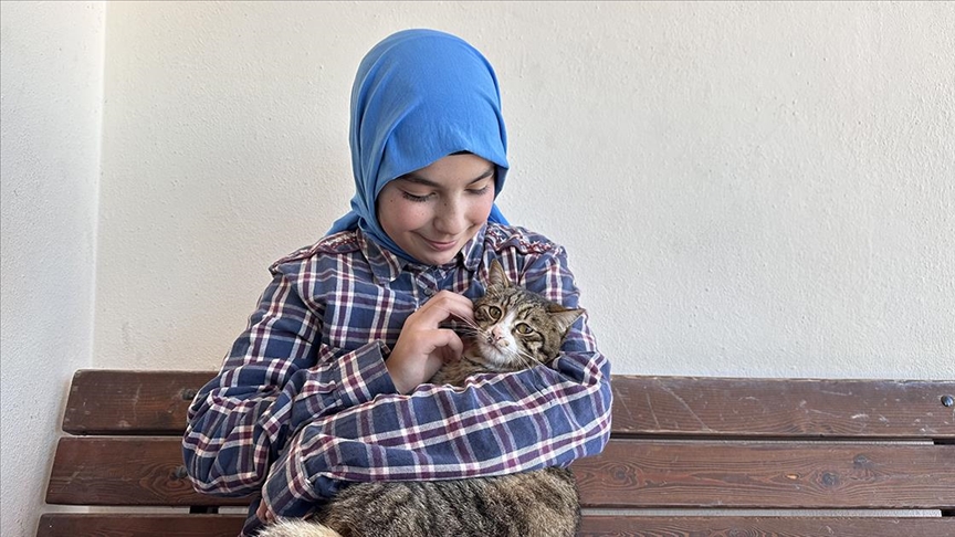 Öğrenciler köy okulundaki "Aşure" adlı kedinin yanından ayrılmıyor 