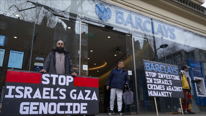 Demonstrators protest UK's Barclays in support of Palestinians