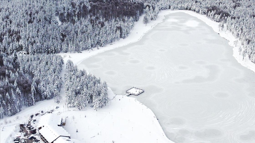 Düzce'deki Topuk Yaylası Göleti buz tuttu