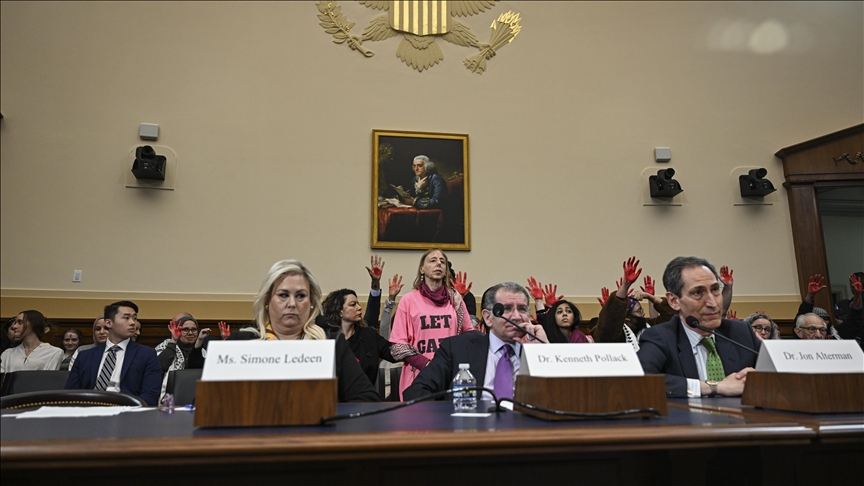 Protestors with 'bloody' hands hold sit-in at House hearing, call for cease-fire in Gaza