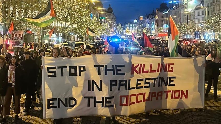 Pro-Palestine group protests outside Israeli embassy in Czech Republic