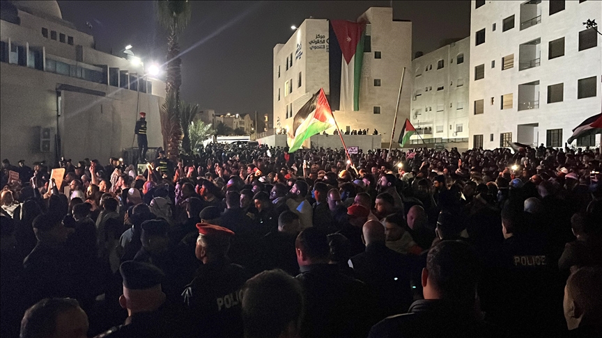 Thousands of Jordanians protest near Israeli embassy in Amman in solidarity with Gaza
