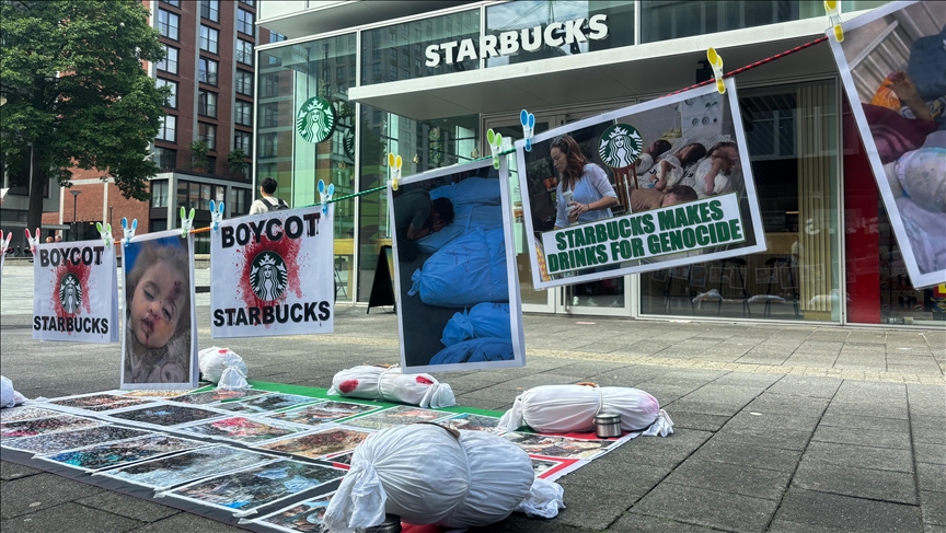 Protesters rally outside Starbucks outlets in the Netherlands against Israel's war on Gaza