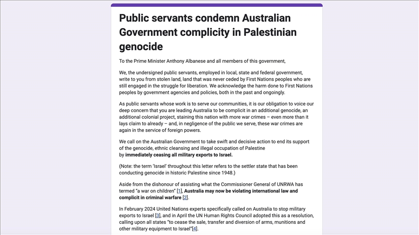 Public servants call on Australia to stop arming Israel