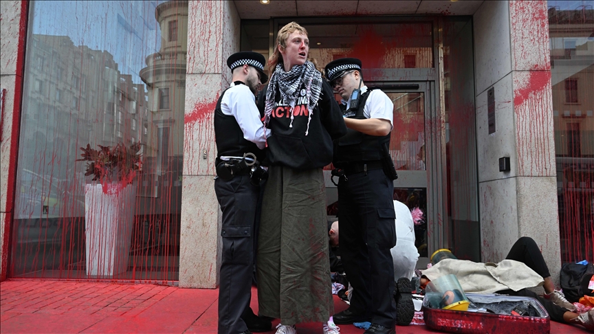 Activists blockade lobbying firm in London over ties with Israeli arms manufacturer 