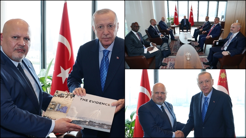 Cumhurbaşkanı Erdoğan, UCM Başsavcısı Khan'a AA'nın hazırladığı "Kanıt" ve "Tanık" kitaplarını teslim etti