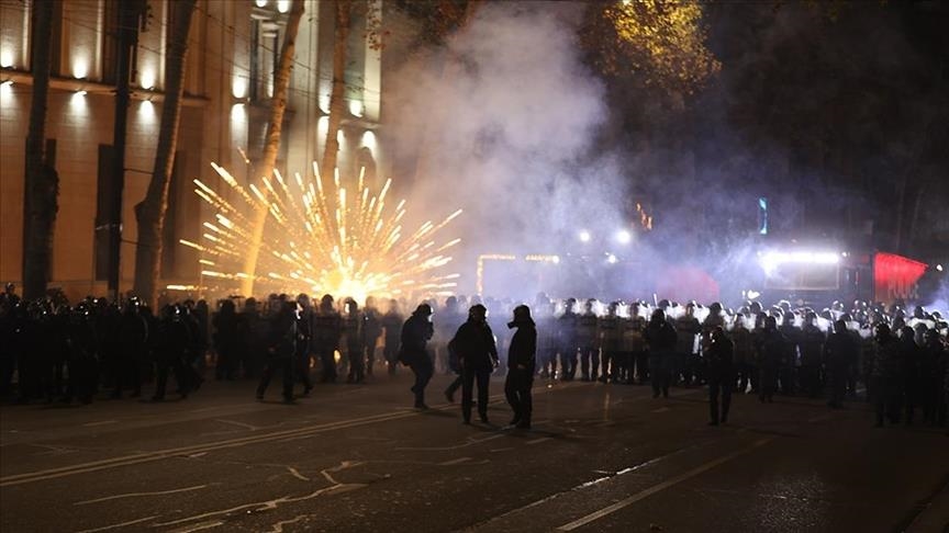 Police use water cannons against demonstrators around the Georgian parliament