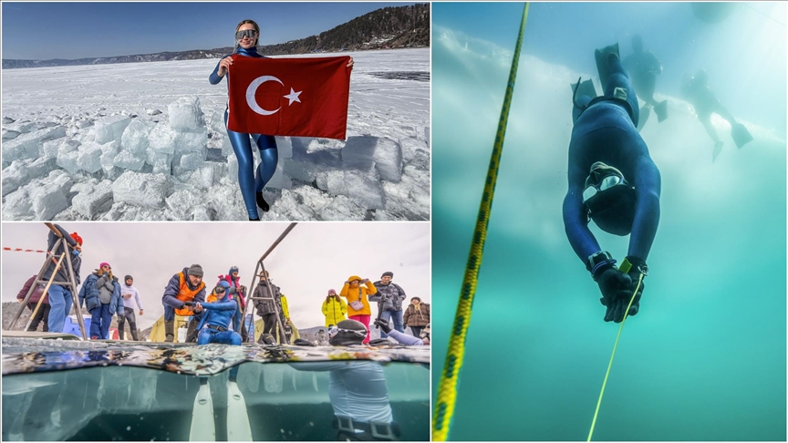 Şahika Ercümen "iklim krizi" için Baykal Gölü'ne buz altı dalış yaptı