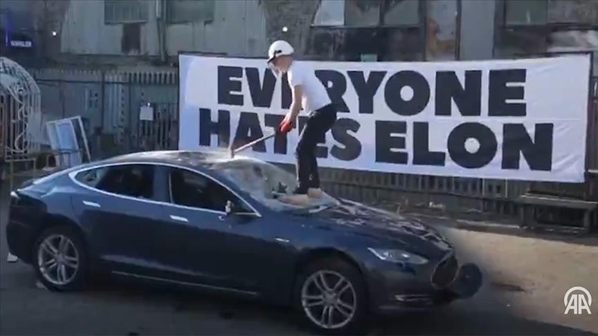 Tesla car destroyed in London protest targeting Elon Musk