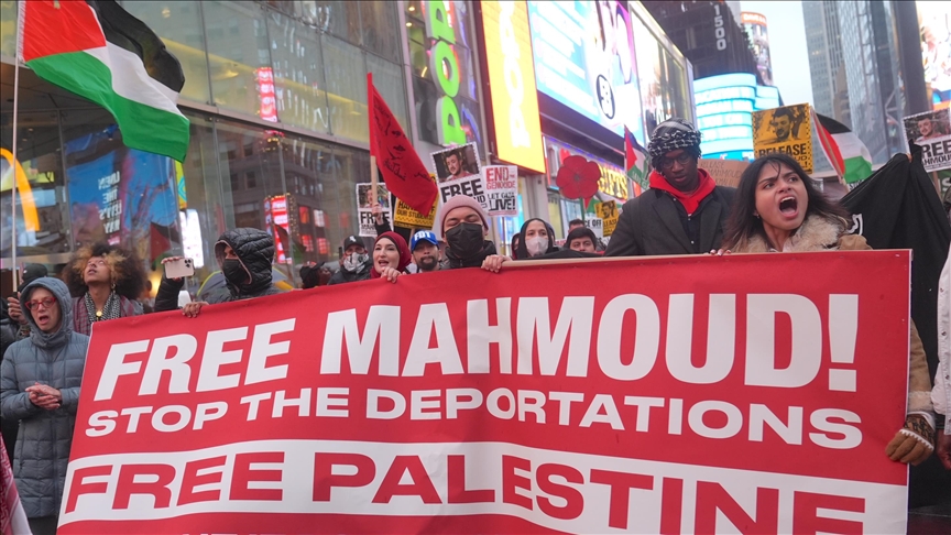 Protesters gather in Times Square demanding release of Columbia graduate Mahmoud Khalil