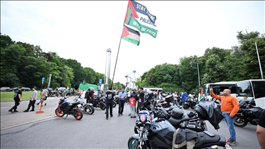 Motorcyclists rally through Brussels in solidarity with Palestine