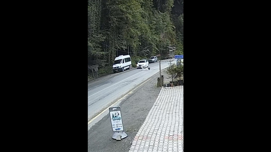 Rize'de yamaçtan kopan kaya parçasının otomobilin önüne düşme anı güvenlik kamerasında
