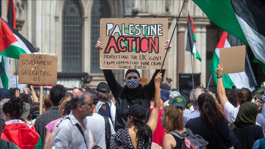 Palestine Action protest outside a UK courthouse