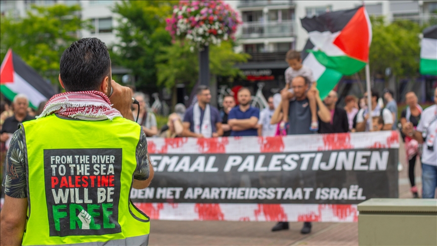 People stage rally in Netherlands to protest Dutch firm's export of F-35 jet parts to Israel