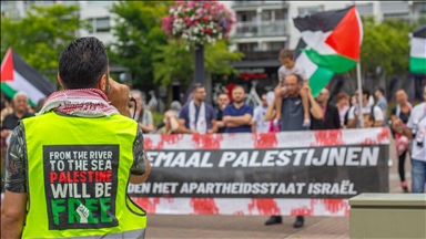 People stage rally in Netherlands to protest Dutch firm's export of F-35 jet parts to Israel