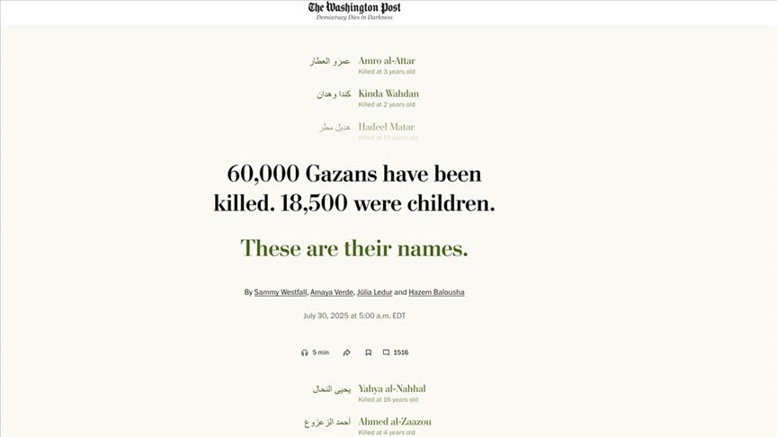 Washington Post, Gazze’de öldürülen 18 bin 500 Filistinli çocuğun isimlerini yayımladı: